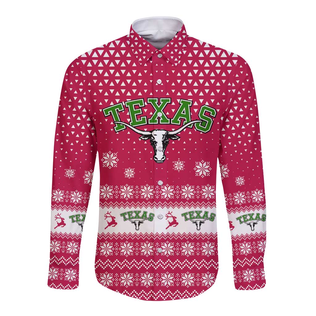 Texas Christmas Long Sleeve Button Shirt with Red and White Snowflake Pattern Longhorn Skull and Christmas Cactus Motif - Wonder Print Shop
