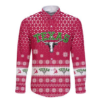 Texas Christmas Long Sleeve Button Shirt with Red and White Snowflake Pattern Longhorn Skull and Christmas Cactus Motif - Wonder Print Shop