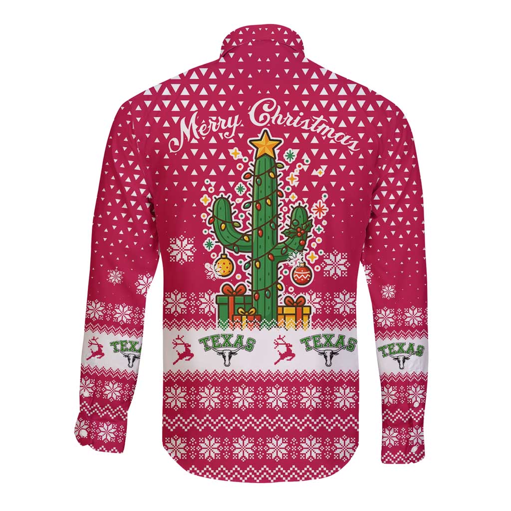Texas Christmas Long Sleeve Button Shirt with Red and White Snowflake Pattern Longhorn Skull and Christmas Cactus Motif - Wonder Print Shop
