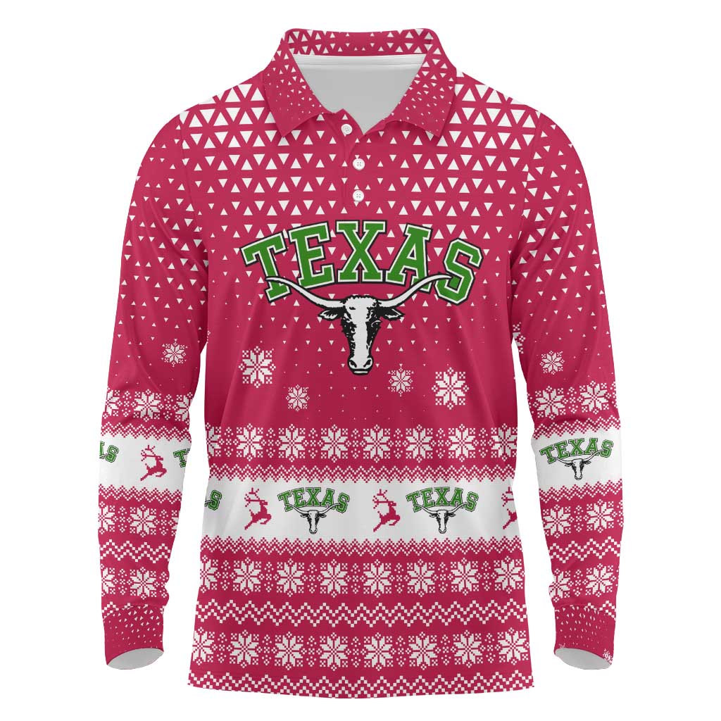 Texas Christmas Long Sleeve Polo Shirt with Red and White Snowflake Pattern Longhorn Skull and Christmas Cactus Motif - Wonder Print Shop