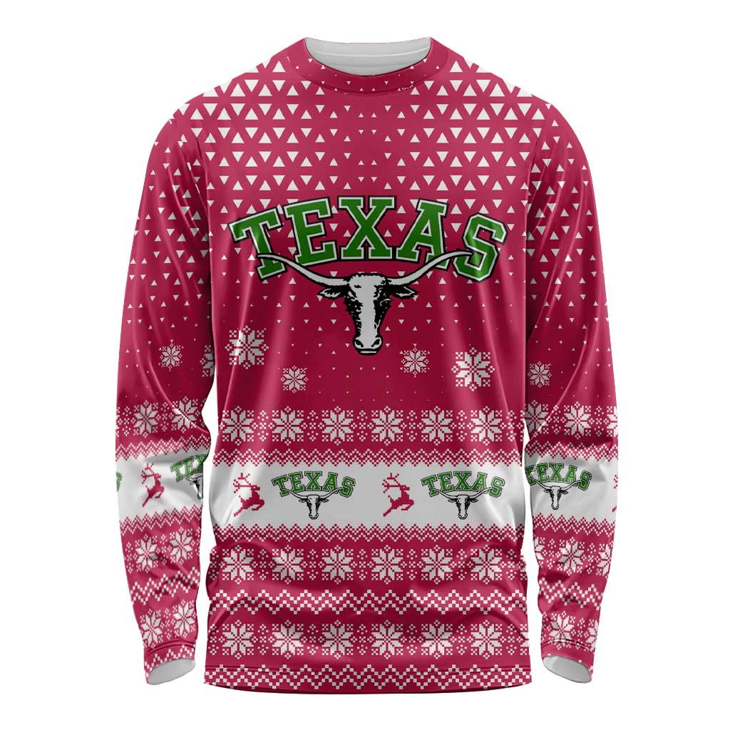 Texas Christmas Long Sleeve Shirt with Red and White Snowflake Pattern Longhorn Skull and Christmas Cactus Motif - Wonder Print Shop
