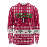 Texas Christmas Long Sleeve Shirt with Red and White Snowflake Pattern Longhorn Skull and Christmas Cactus Motif - Wonder Print Shop