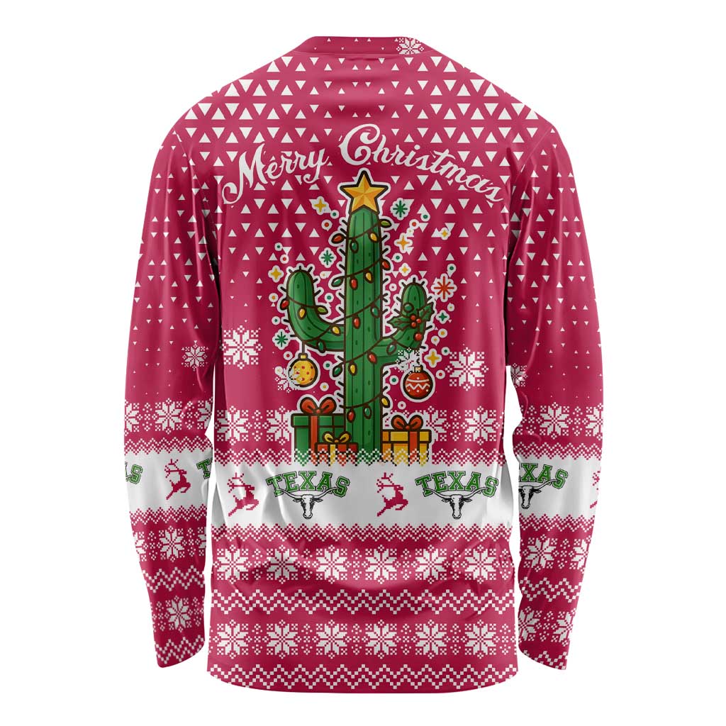 Texas Christmas Long Sleeve Shirt with Red and White Snowflake Pattern Longhorn Skull and Christmas Cactus Motif - Wonder Print Shop