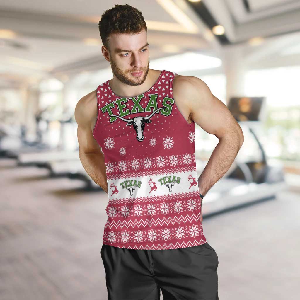 Texas Christmas Men Tank Top with Red and White Snowflake Pattern Longhorn Skull and Christmas Cactus Motif - Wonder Print Shop