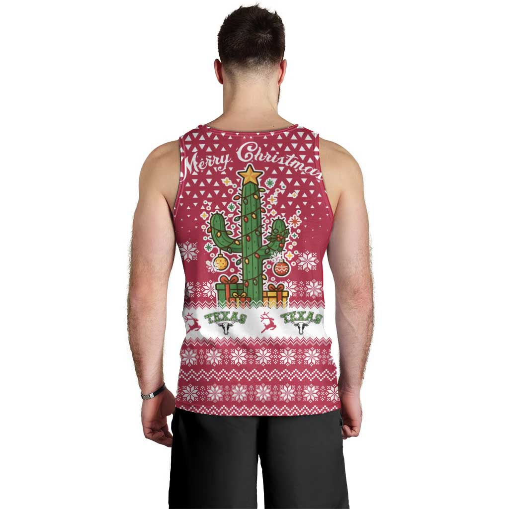 Texas Christmas Men Tank Top with Red and White Snowflake Pattern Longhorn Skull and Christmas Cactus Motif - Wonder Print Shop