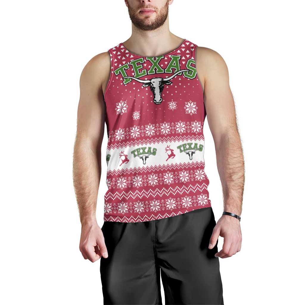 Texas Christmas Men Tank Top with Red and White Snowflake Pattern Longhorn Skull and Christmas Cactus Motif - Wonder Print Shop