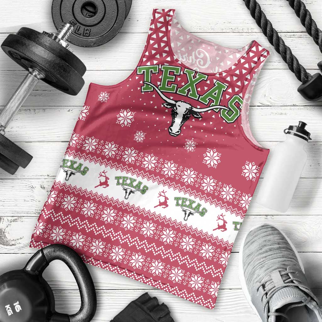 Texas Christmas Men Tank Top with Red and White Snowflake Pattern Longhorn Skull and Christmas Cactus Motif - Wonder Print Shop