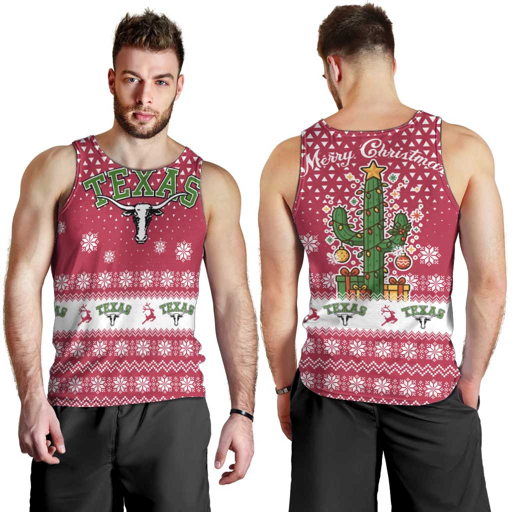 Texas Christmas Men Tank Top with Red and White Snowflake Pattern Longhorn Skull and Christmas Cactus Motif - Wonder Print Shop