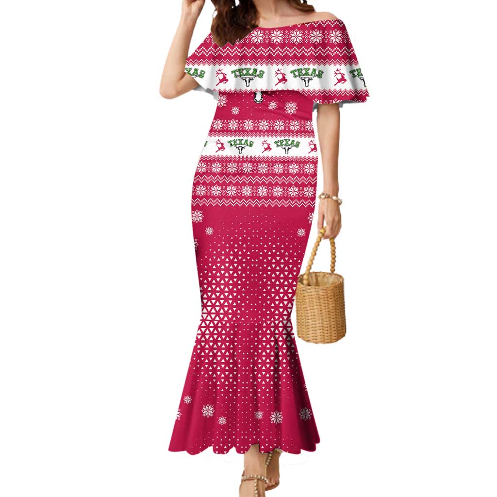 Texas Christmas Mermaid Dress with Red and White Snowflake Pattern Longhorn Skull and Christmas Cactus Motif - Wonder Print Shop