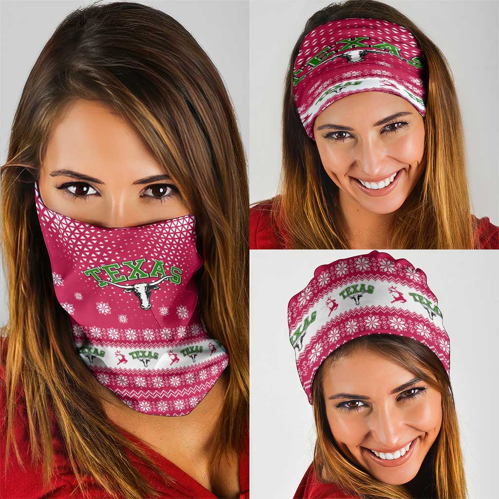 Texas Christmas Neck Gaiter with Red and White Snowflake Pattern Longhorn Skull and Christmas Cactus Motif - Wonder Print Shop