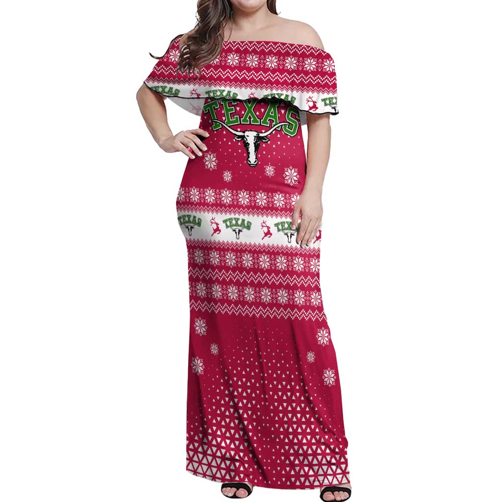Texas Christmas Off Shoulder Maxi Dress with Red and White Snowflake Pattern Longhorn Skull and Christmas Cactus Motif - Wonder Print Shop