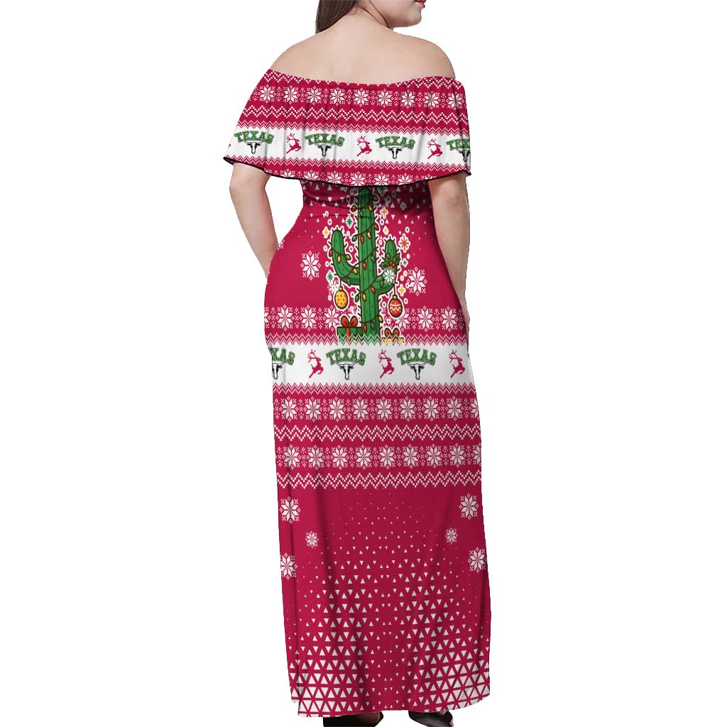 Texas Christmas Off Shoulder Maxi Dress with Red and White Snowflake Pattern Longhorn Skull and Christmas Cactus Motif - Wonder Print Shop