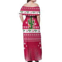 Texas Christmas Off Shoulder Maxi Dress with Red and White Snowflake Pattern Longhorn Skull and Christmas Cactus Motif - Wonder Print Shop