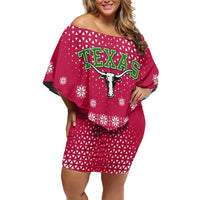 Texas Christmas Off Shoulder Short Dress with Red and White Snowflake Pattern Longhorn Skull and Christmas Cactus Motif - Wonder Print Shop