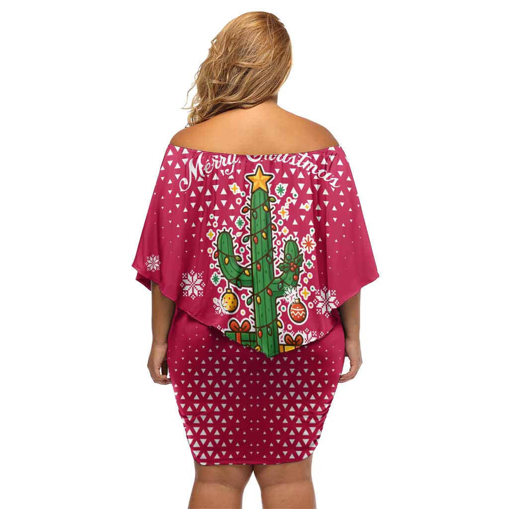 Texas Christmas Off Shoulder Short Dress with Red and White Snowflake Pattern Longhorn Skull and Christmas Cactus Motif - Wonder Print Shop