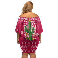 Texas Christmas Off Shoulder Short Dress with Red and White Snowflake Pattern Longhorn Skull and Christmas Cactus Motif - Wonder Print Shop