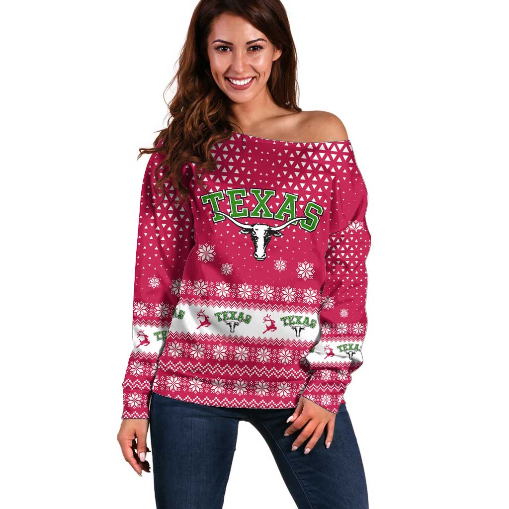 Texas Christmas Off Shoulder Sweater with Red and White Snowflake Pattern Longhorn Skull and Christmas Cactus Motif - Wonder Print Shop