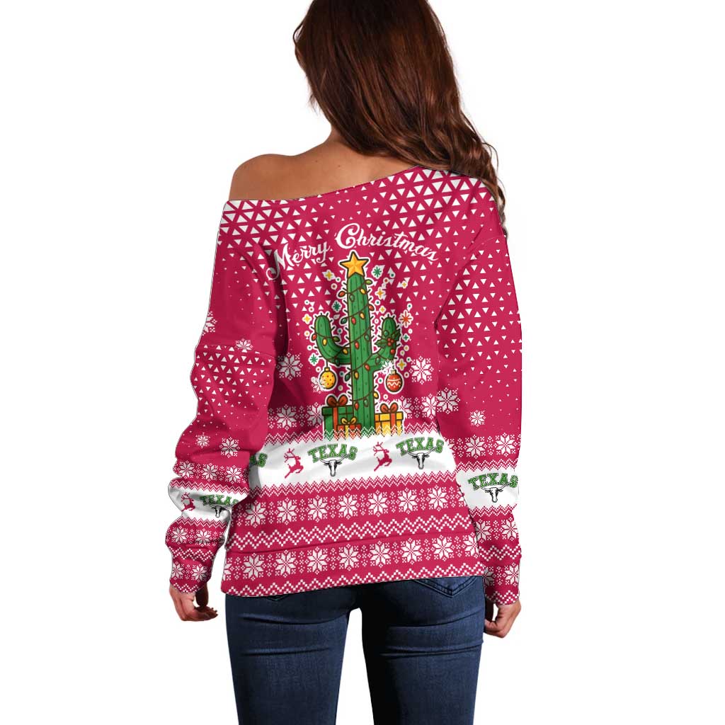 Texas Christmas Off Shoulder Sweater with Red and White Snowflake Pattern Longhorn Skull and Christmas Cactus Motif - Wonder Print Shop