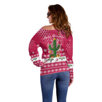 Texas Christmas Off Shoulder Sweater with Red and White Snowflake Pattern Longhorn Skull and Christmas Cactus Motif - Wonder Print Shop