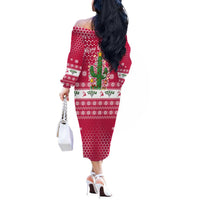 Texas Christmas Off The Shoulder Long Sleeve Dress with Red and White Snowflake Pattern Longhorn Skull and Christmas Cactus Motif - Wonder Print Shop