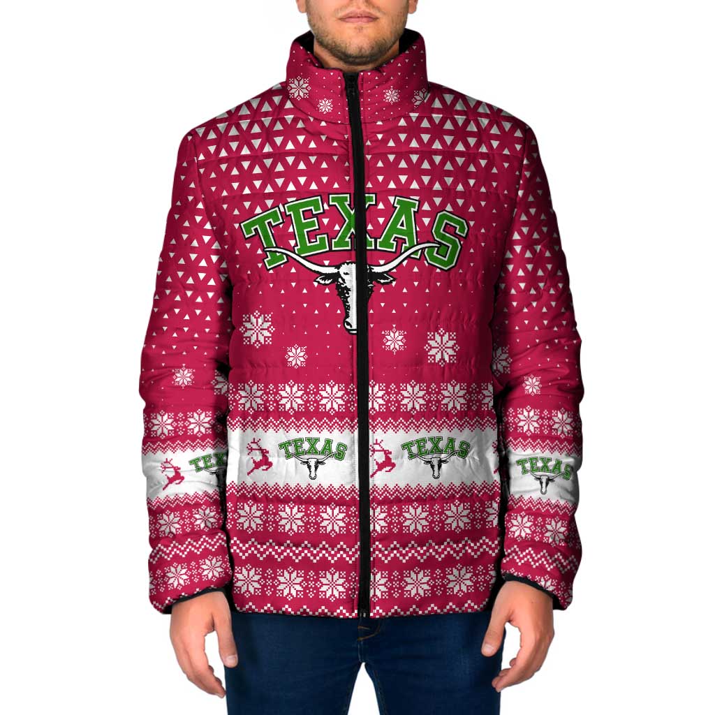 Texas Christmas Padded Jacket with Red and White Snowflake Pattern Longhorn Skull and Christmas Cactus Motif - Wonder Print Shop
