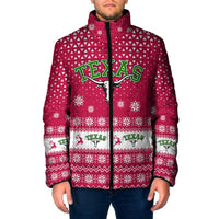 Texas Christmas Padded Jacket with Red and White Snowflake Pattern Longhorn Skull and Christmas Cactus Motif - Wonder Print Shop