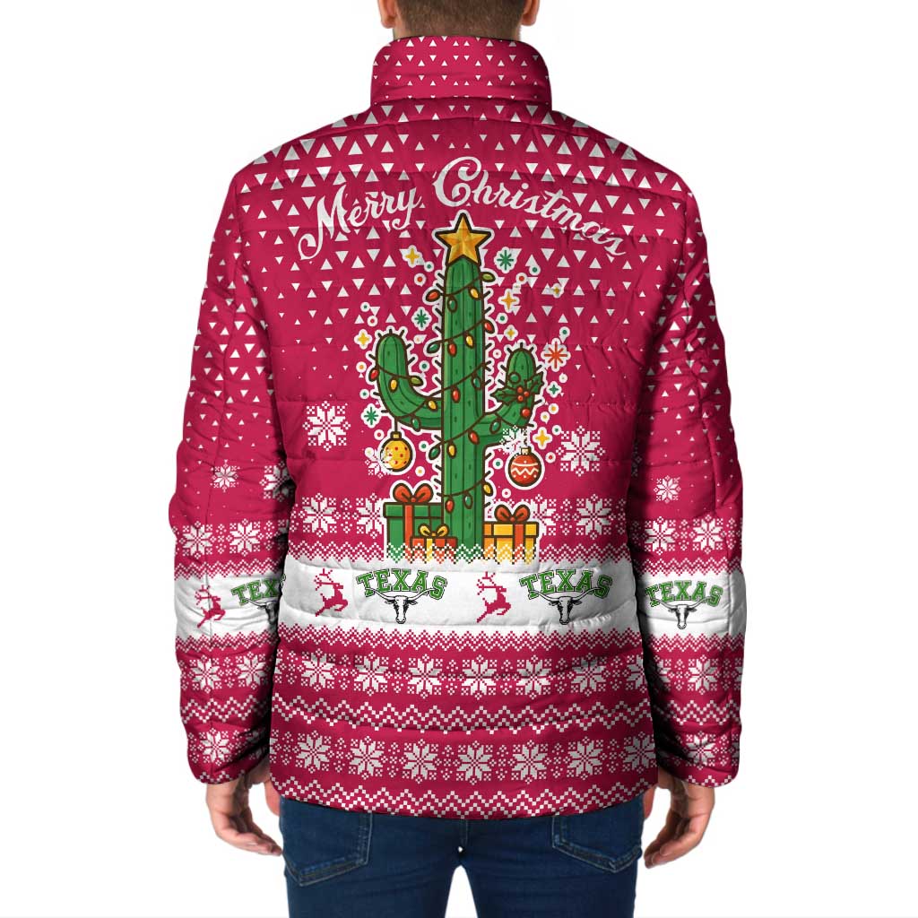 Texas Christmas Padded Jacket with Red and White Snowflake Pattern Longhorn Skull and Christmas Cactus Motif - Wonder Print Shop