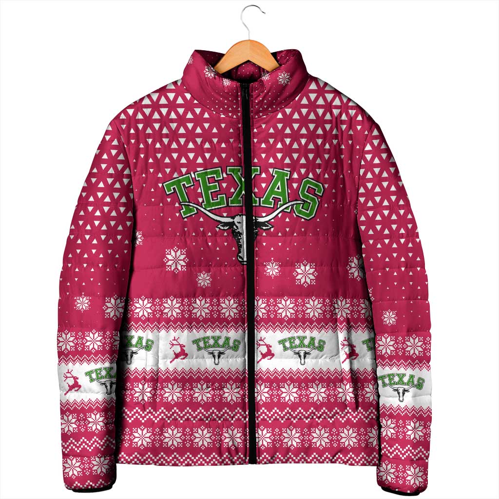 Texas Christmas Padded Jacket with Red and White Snowflake Pattern Longhorn Skull and Christmas Cactus Motif - Wonder Print Shop