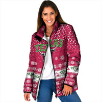 Texas Christmas Padded Jacket with Red and White Snowflake Pattern Longhorn Skull and Christmas Cactus Motif - Wonder Print Shop
