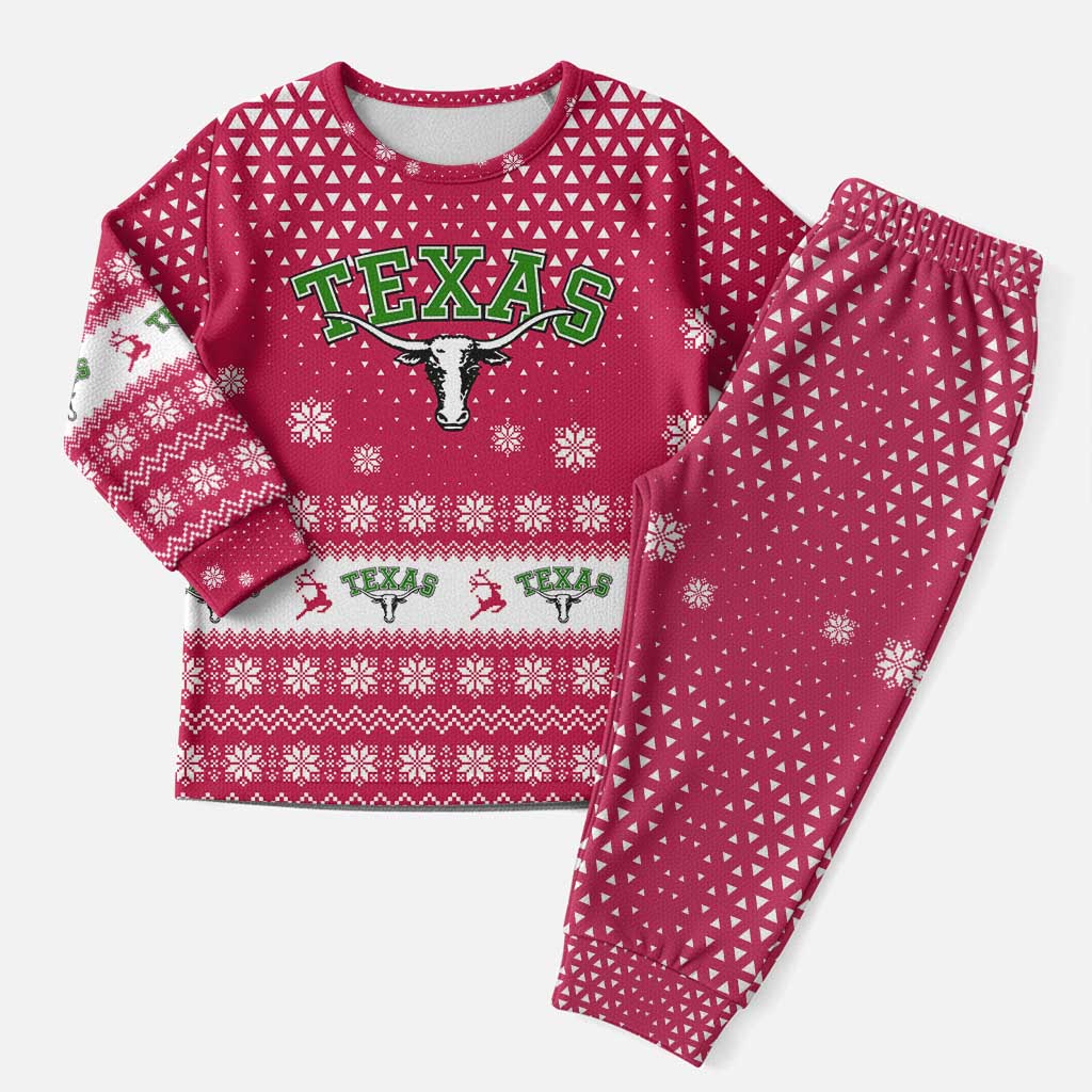 Texas Christmas Pajama Set with Red and White Snowflake Pattern Longhorn Skull and Christmas Cactus Motif - Wonder Print Shop