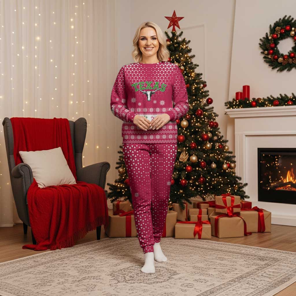 Texas Christmas Pajama Set with Red and White Snowflake Pattern Longhorn Skull and Christmas Cactus Motif - Wonder Print Shop
