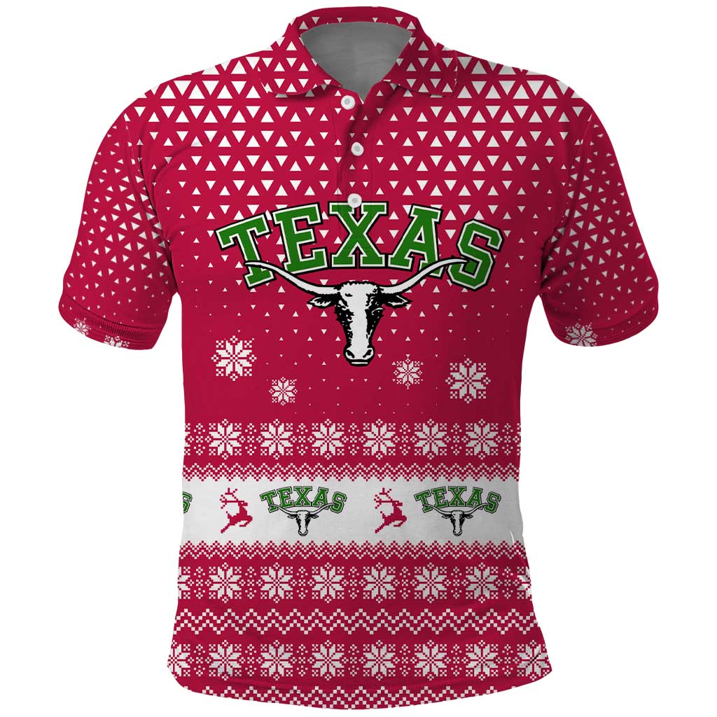 Texas Christmas Polo Shirt with Red and White Snowflake Pattern Longhorn Skull and Christmas Cactus Motif - Wonder Print Shop