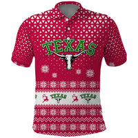 Texas Christmas Polo Shirt with Red and White Snowflake Pattern Longhorn Skull and Christmas Cactus Motif - Wonder Print Shop