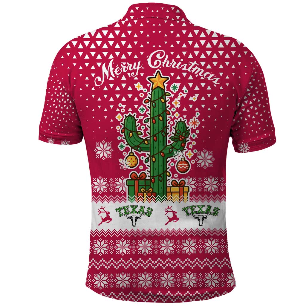 Texas Christmas Polo Shirt with Red and White Snowflake Pattern Longhorn Skull and Christmas Cactus Motif - Wonder Print Shop