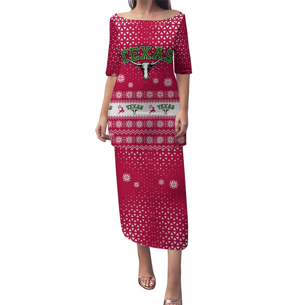 Texas Christmas Puletasi with Red and White Snowflake Pattern Longhorn Skull and Christmas Cactus Motif - Wonder Print Shop