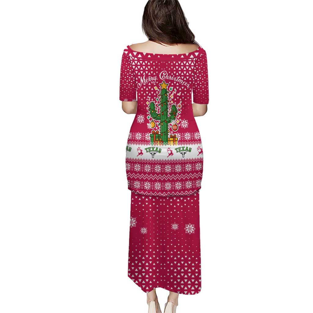Texas Christmas Puletasi with Red and White Snowflake Pattern Longhorn Skull and Christmas Cactus Motif - Wonder Print Shop