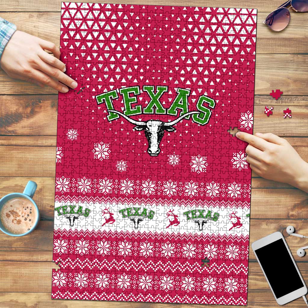 Texas Christmas Puzzle with Red and White Snowflake Pattern Longhorn Skull and Christmas Cactus Motif - Wonder Print Shop