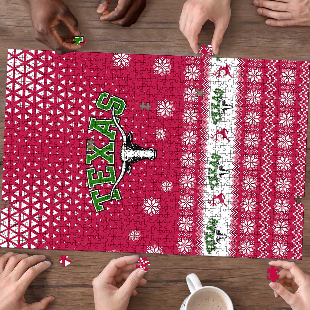 Texas Christmas Puzzle with Red and White Snowflake Pattern Longhorn Skull and Christmas Cactus Motif - Wonder Print Shop