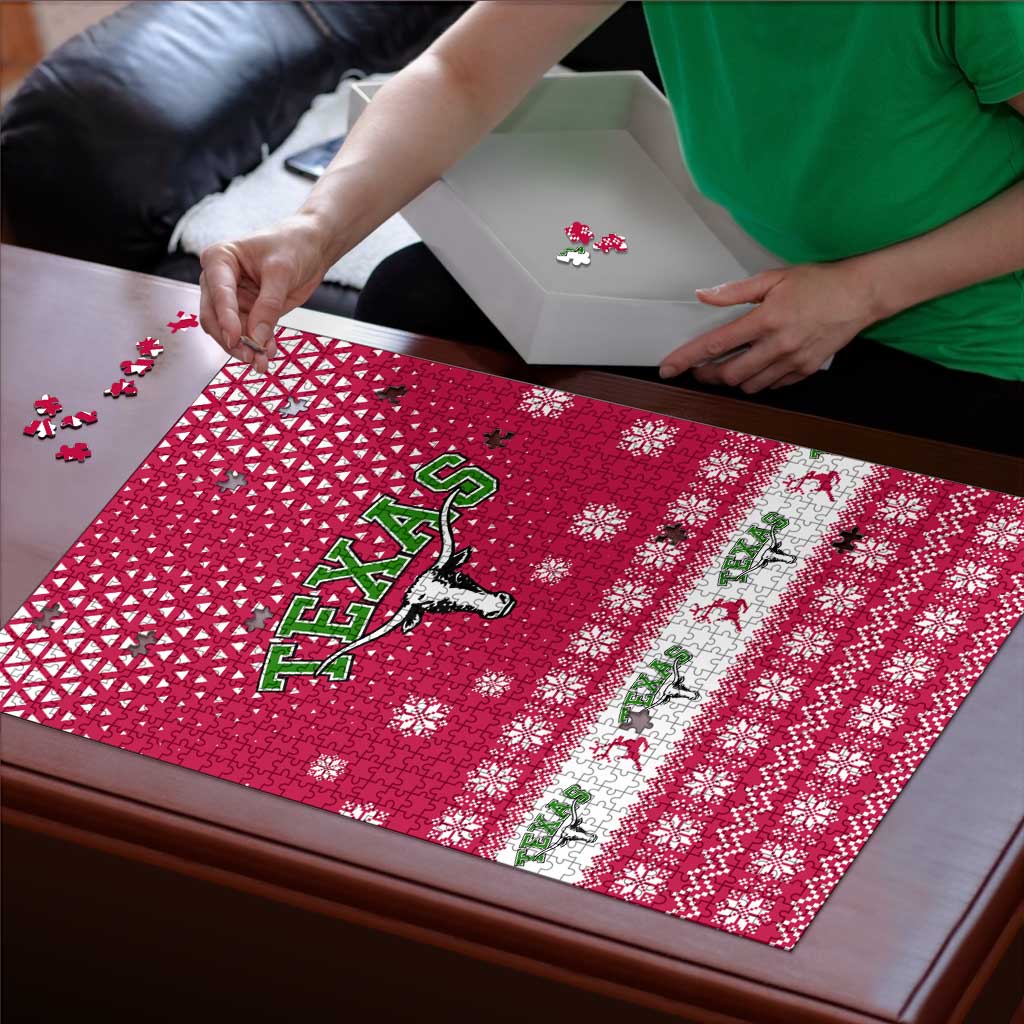 Texas Christmas Puzzle with Red and White Snowflake Pattern Longhorn Skull and Christmas Cactus Motif - Wonder Print Shop