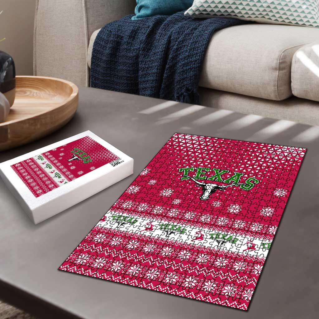Texas Christmas Puzzle with Red and White Snowflake Pattern Longhorn Skull and Christmas Cactus Motif - Wonder Print Shop
