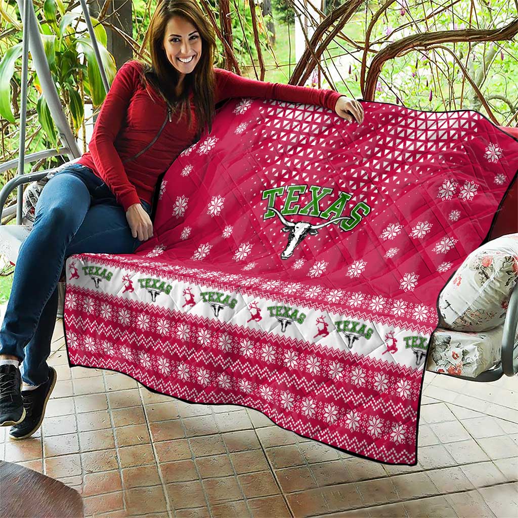 Texas Christmas Quilt with Red and White Snowflake Pattern Longhorn Skull and Christmas Cactus Motif - Wonder Print Shop