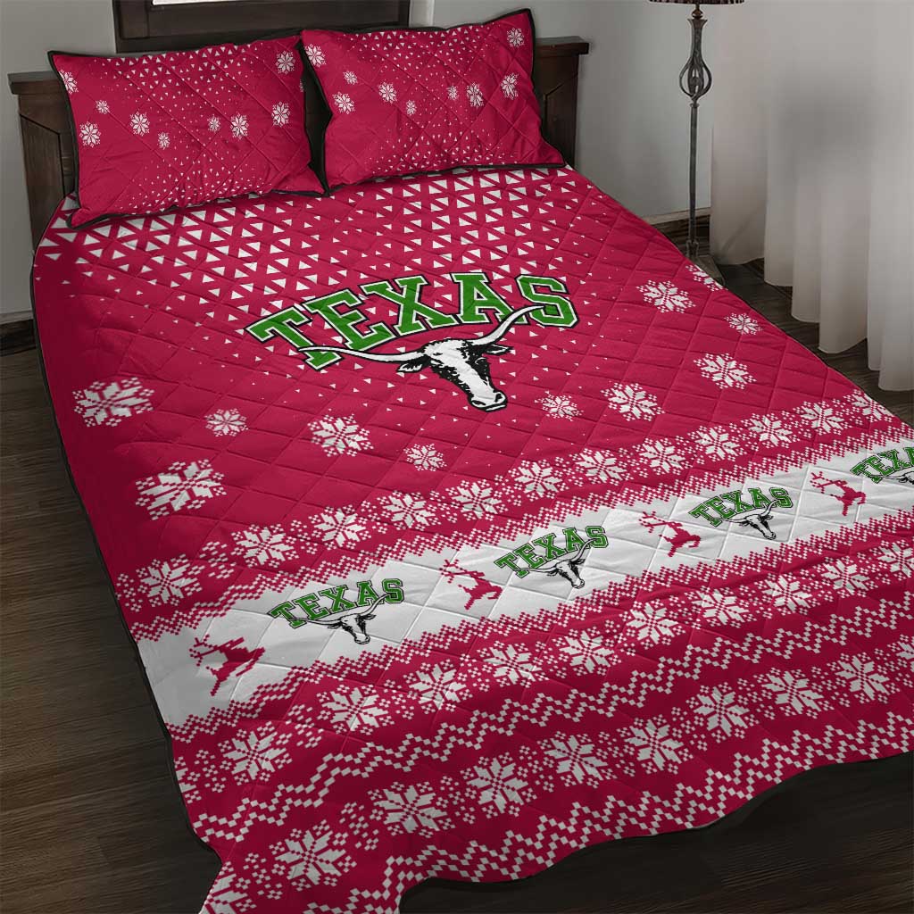 Texas Christmas Quilt Bed Set with Red and White Snowflake Pattern Longhorn Skull and Christmas Cactus Motif - Wonder Print Shop