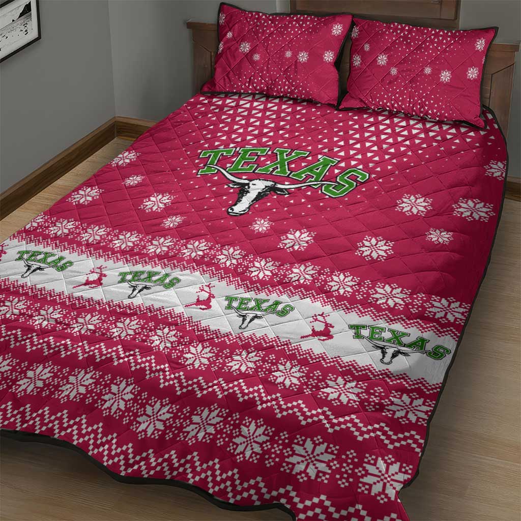 Texas Christmas Quilt Bed Set with Red and White Snowflake Pattern Longhorn Skull and Christmas Cactus Motif - Wonder Print Shop