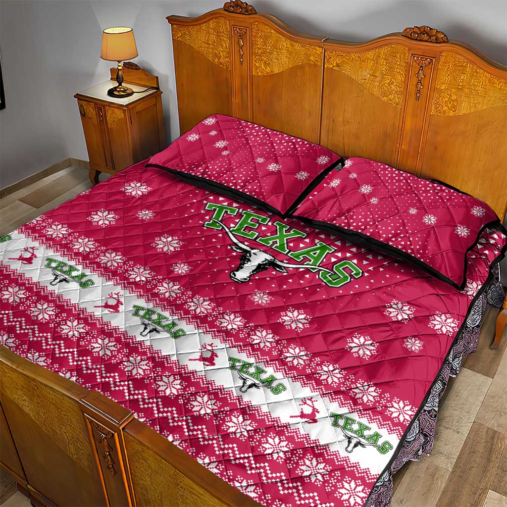 Texas Christmas Quilt Bed Set with Red and White Snowflake Pattern Longhorn Skull and Christmas Cactus Motif - Wonder Print Shop