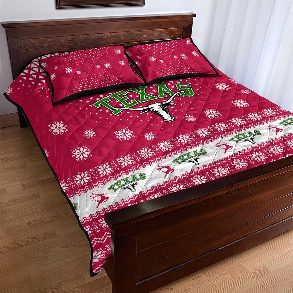 Texas Christmas Quilt Bed Set with Red and White Snowflake Pattern Longhorn Skull and Christmas Cactus Motif - Wonder Print Shop