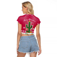 Texas Christmas Raglan Cropped T Shirt with Red and White Snowflake Pattern Longhorn Skull and Christmas Cactus Motif - Wonder Print Shop