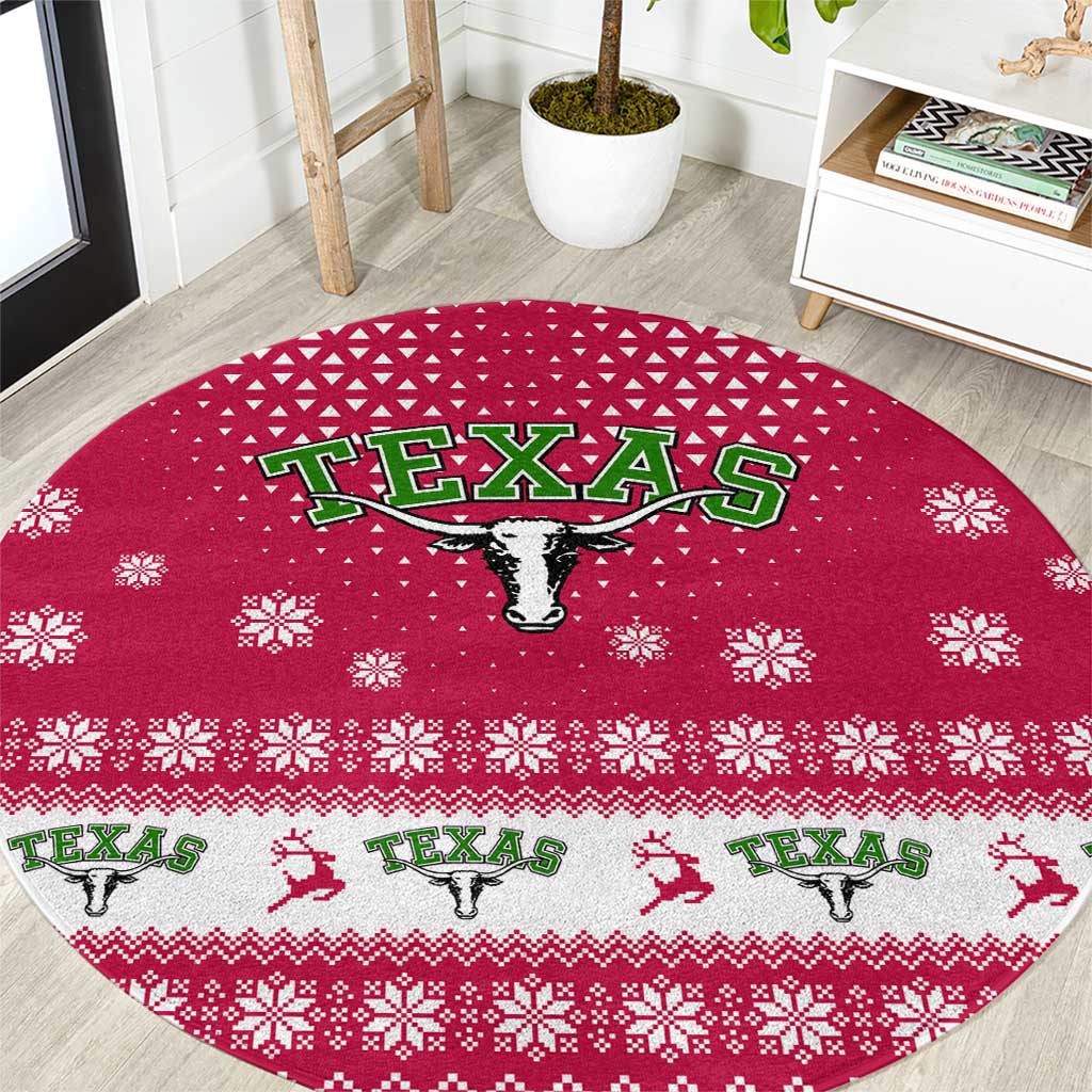 Texas Christmas Round Carpet with Red and White Snowflake Pattern Longhorn Skull and Christmas Cactus Motif - Wonder Print Shop