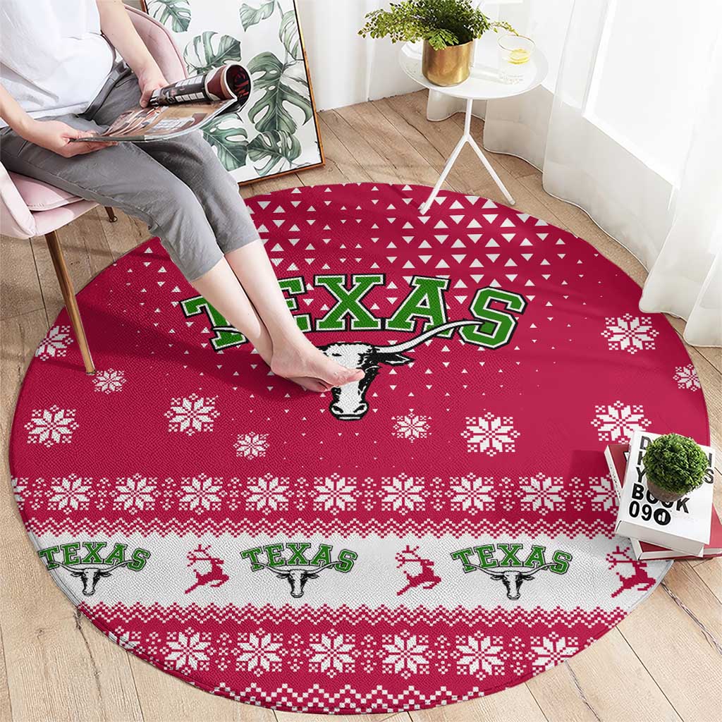 Texas Christmas Round Carpet with Red and White Snowflake Pattern Longhorn Skull and Christmas Cactus Motif - Wonder Print Shop