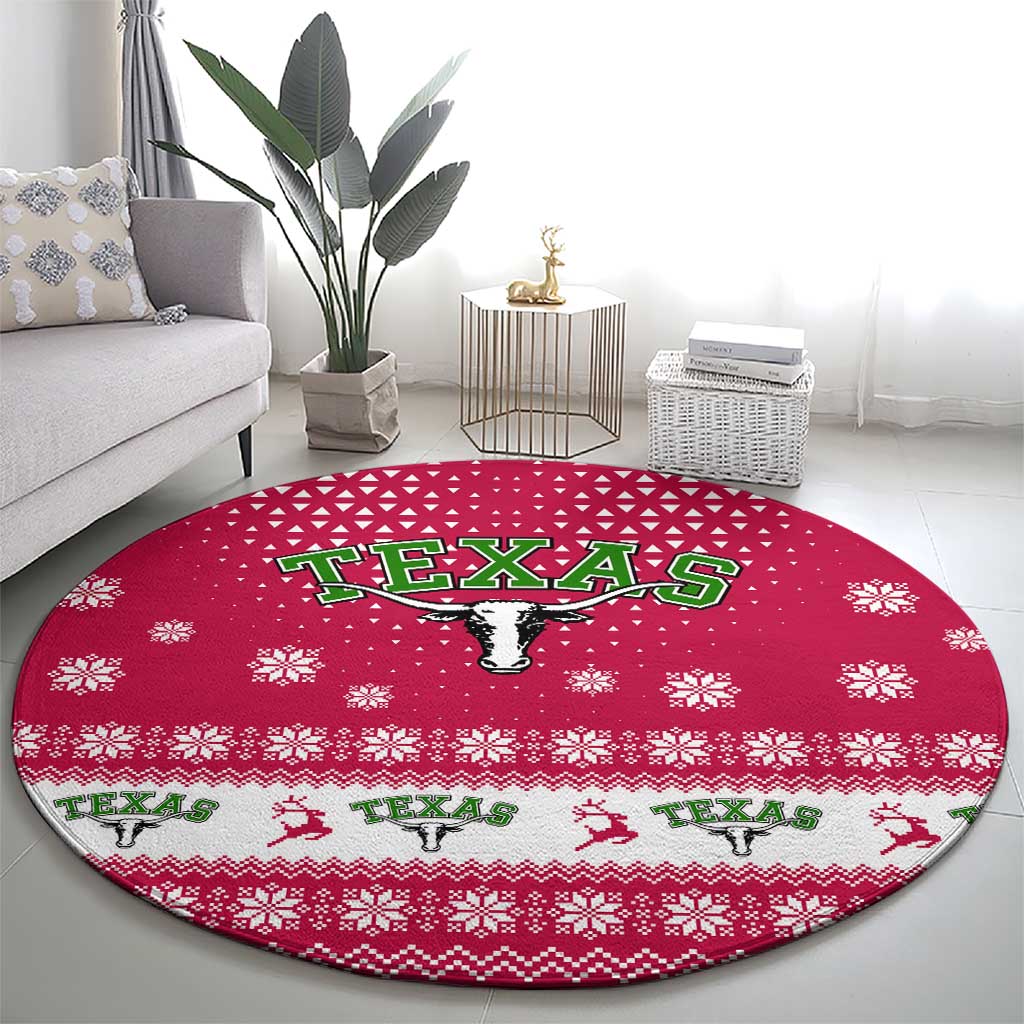 Texas Christmas Round Carpet with Red and White Snowflake Pattern Longhorn Skull and Christmas Cactus Motif - Wonder Print Shop
