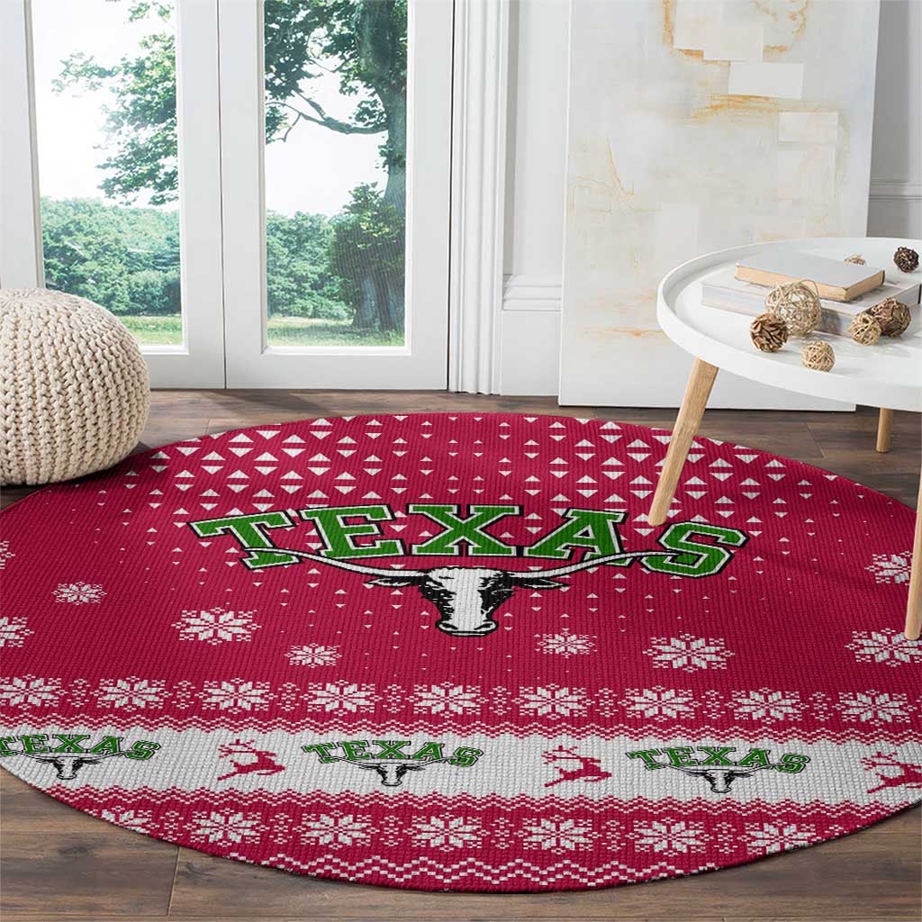 Texas Christmas Round Carpet with Red and White Snowflake Pattern Longhorn Skull and Christmas Cactus Motif - Wonder Print Shop